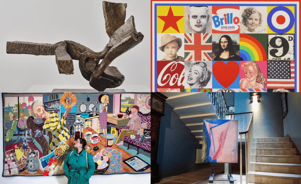 A festive collage of various artworks, including sculptures, tapestries, pop art, and an installation at the bottom of a staircase.